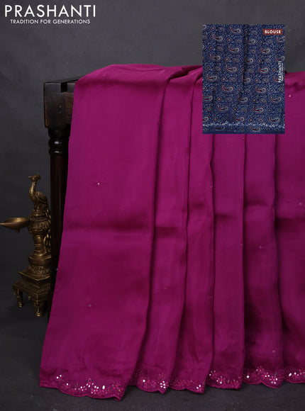 Satin crepe silk saree purple and blue with mirror work and ajrakh printed blouse
