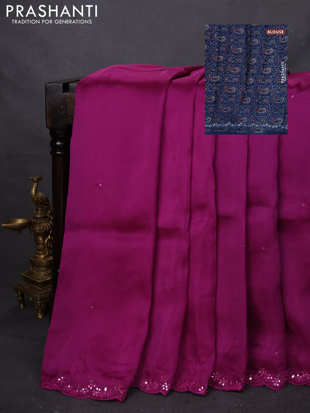 Satin crepe silk saree purple and blue with mirror work and ajrakh printed blouse