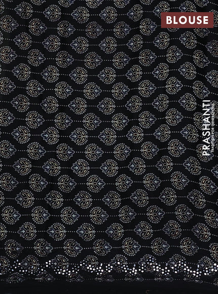 Satin crepe silk saree pale yellow and black with mirror work and ajrakh printed blouse
