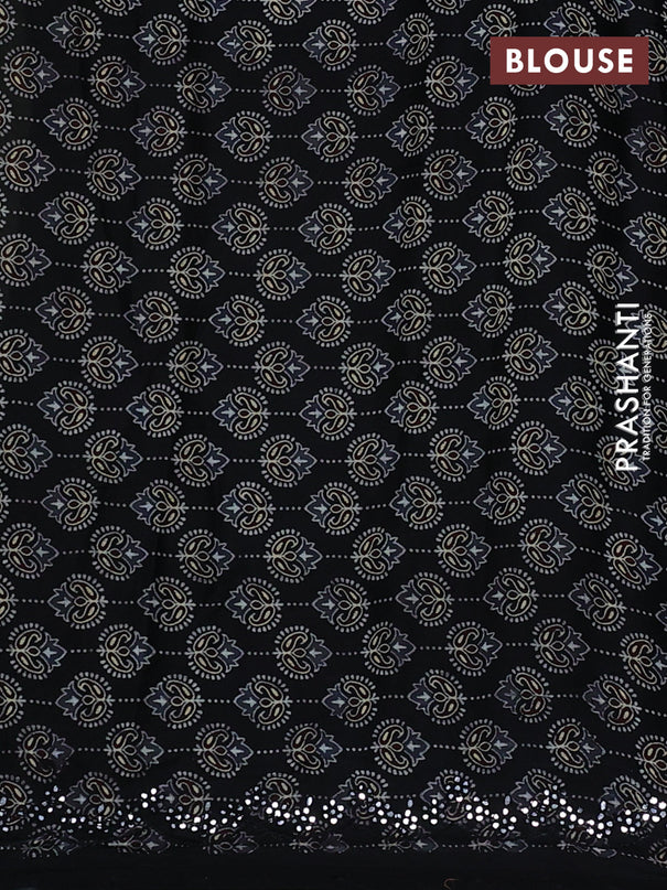 Satin crepe silk saree pale yellow and black with mirror work and ajrakh printed blouse