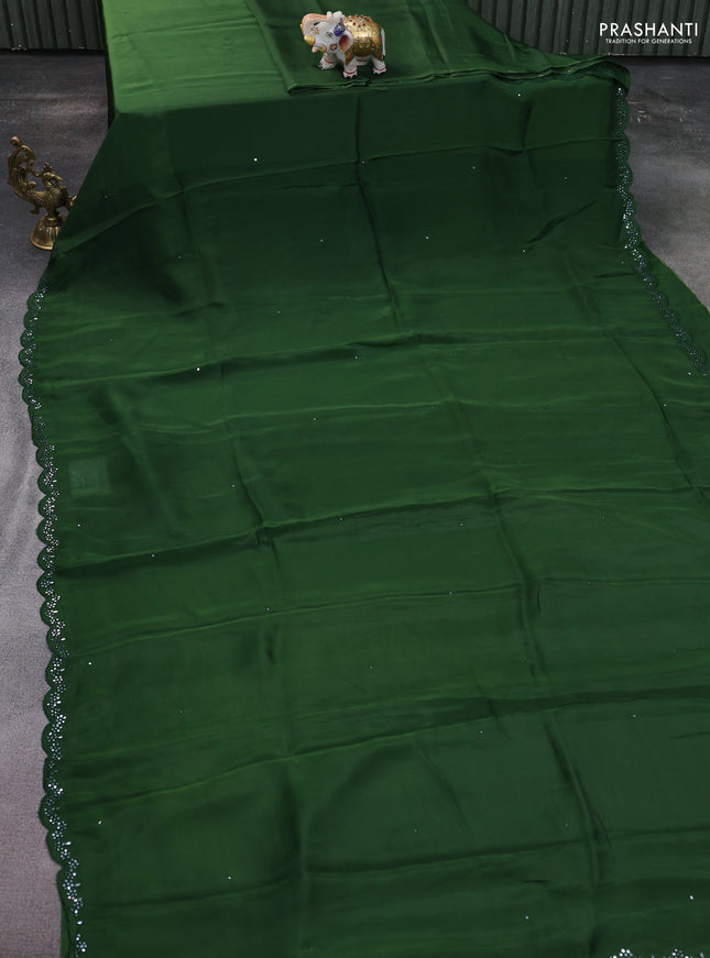 Satin crepe silk saree green and blue with mirror work and ajrakh printed blouse