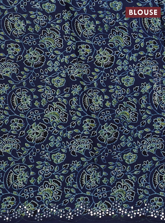 Satin crepe silk saree green and blue with mirror work and ajrakh printed blouse