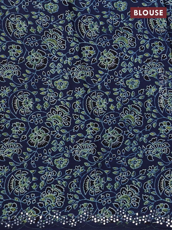 Satin crepe silk saree green and blue with mirror work and ajrakh printed blouse