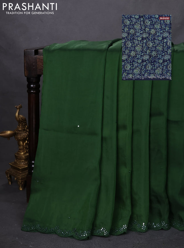 Satin crepe silk saree green and blue with mirror work and ajrakh printed blouse