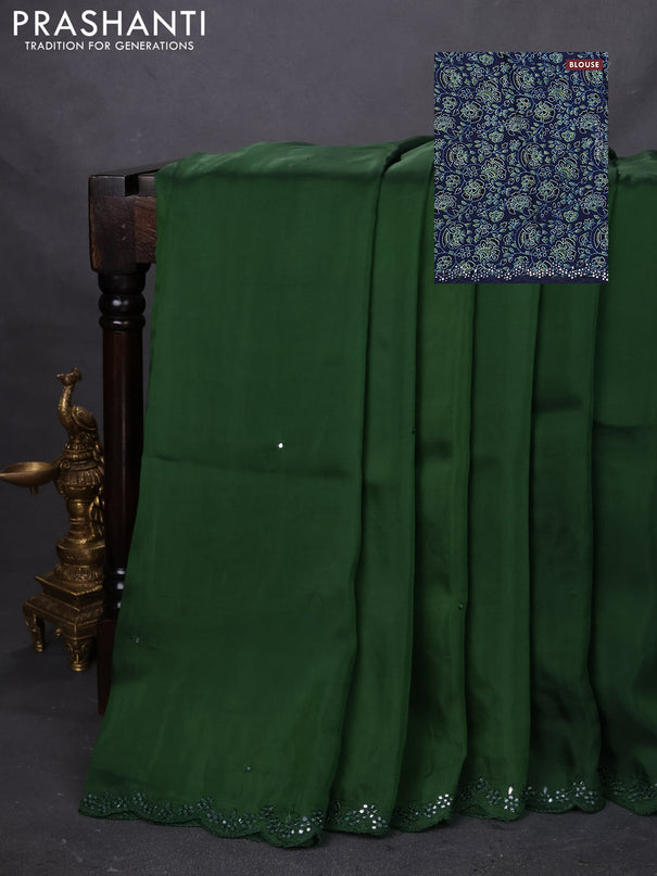Satin crepe silk saree green and blue with mirror work and ajrakh printed blouse