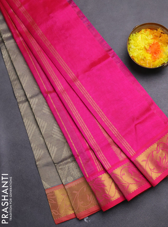 Silk cotton saree grey and pink with allover self emboss jacquard and zari woven border