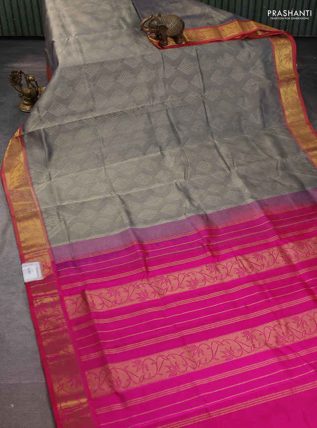 Silk cotton saree grey and pink with allover self emboss jacquard and zari woven border
