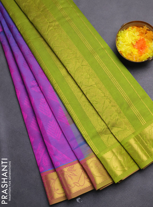 Silk cotton saree purple and green with allover self emboss jacquard and zari woven border