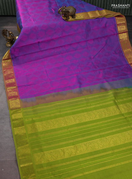 Silk cotton saree purple and green with allover self emboss jacquard and zari woven border