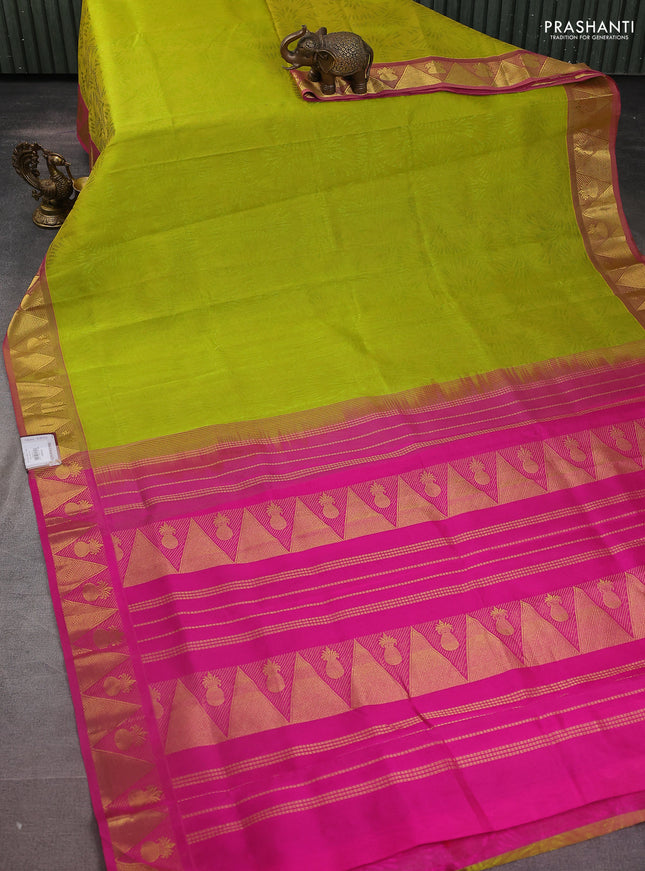 Silk cotton saree light green and pink with allover self emboss jacquard and zari woven border