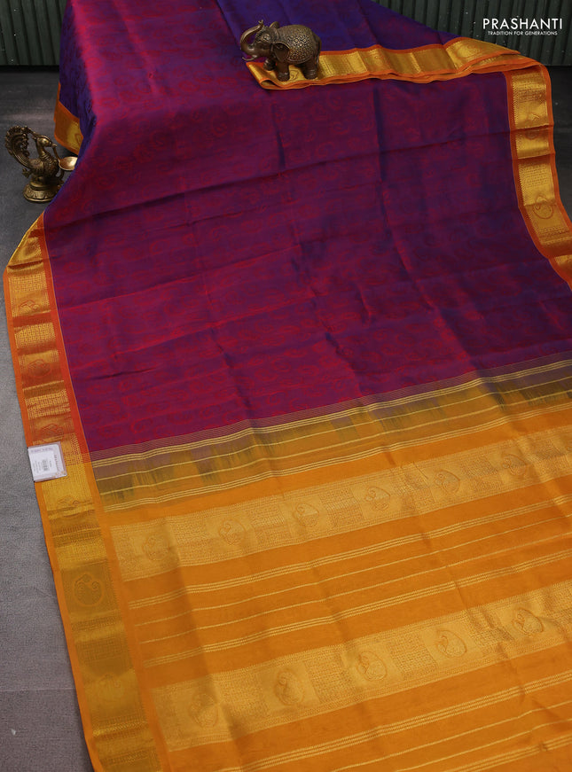 Silk cotton saree dual shade of maroon and mustard yellow with allover self emboss jacquard and zari woven border