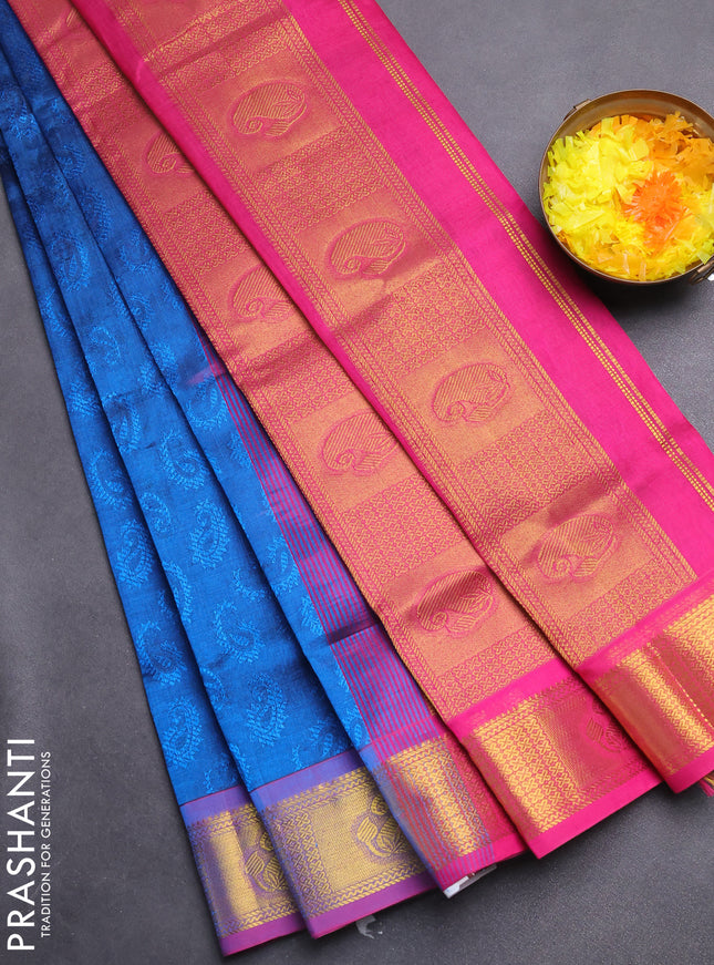 Silk cotton saree cs blue and pink with allover self emboss jacquard and zari woven border