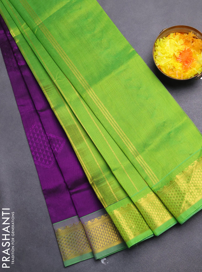 Silk cotton saree violet and light green with allover self emboss jacquard and zari woven border