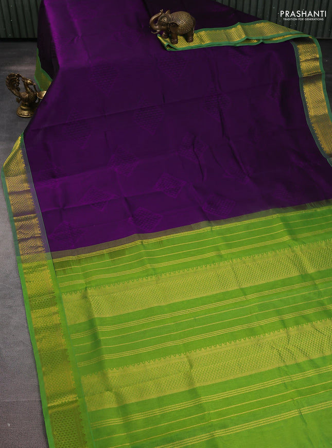 Silk cotton saree violet and light green with allover self emboss jacquard and zari woven border