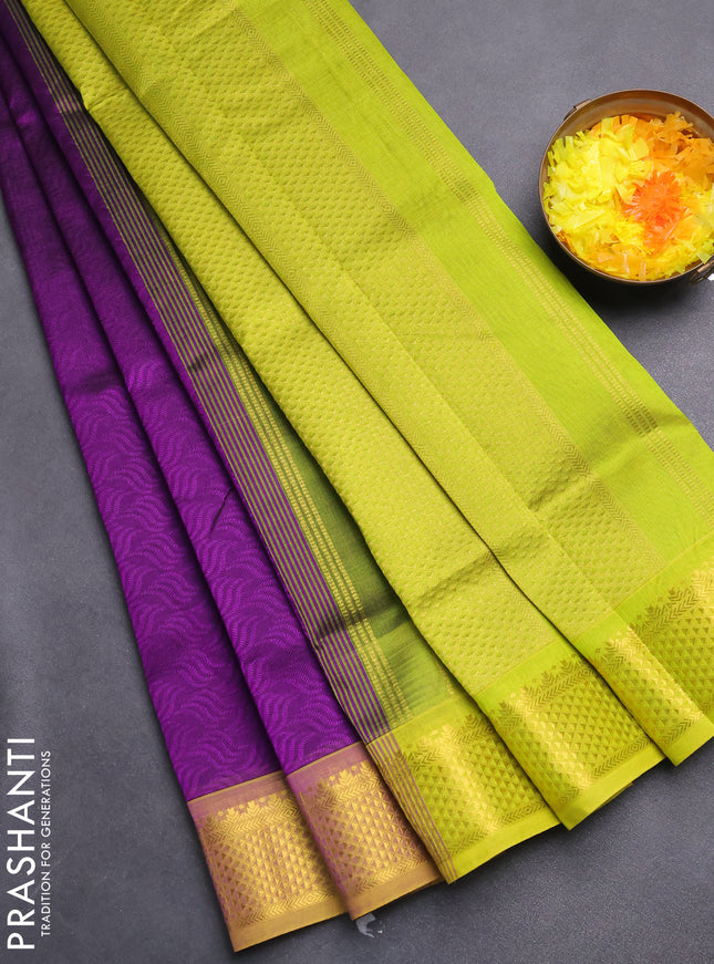 Silk cotton saree violet and lime green with allover self emboss jacquard and zari woven border