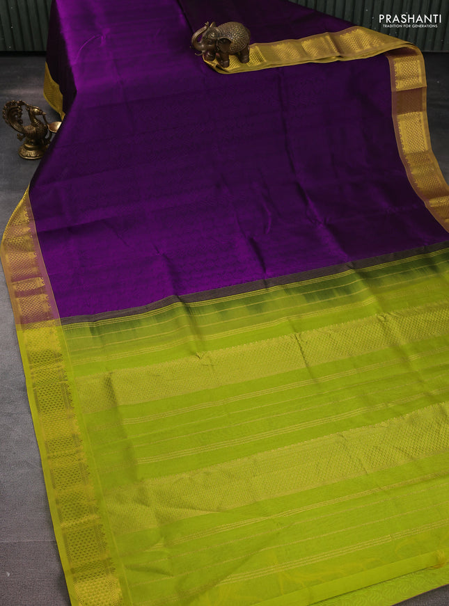 Silk cotton saree violet and lime green with allover self emboss jacquard and zari woven border