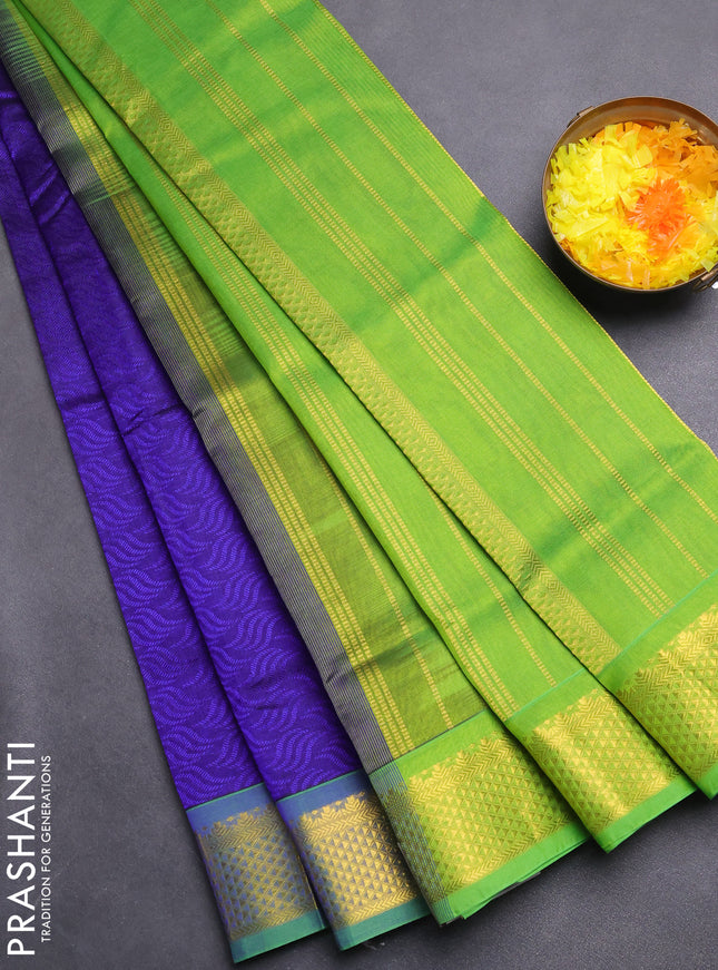 Silk cotton saree blue and light green with allover self emboss jacquard and zari woven border