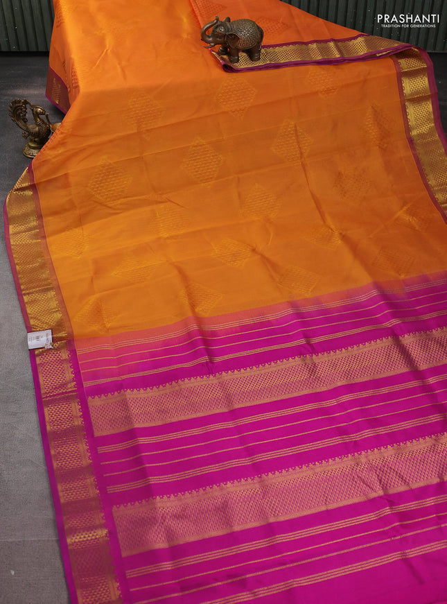 Silk cotton saree orange and pink with allover self emboss jacquard and zari woven border