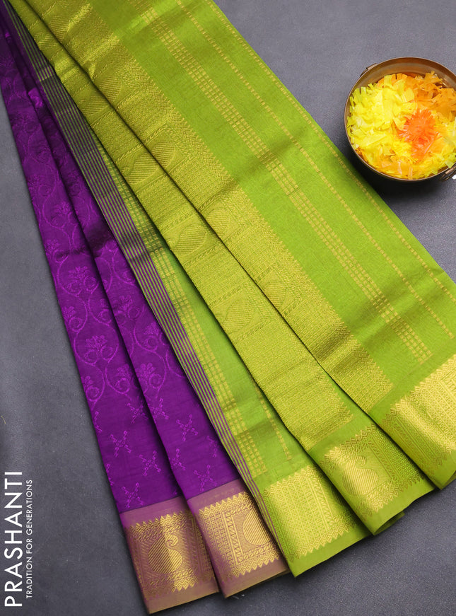 Silk cotton saree violet and lime green with allover self emboss jacquard and zari woven border