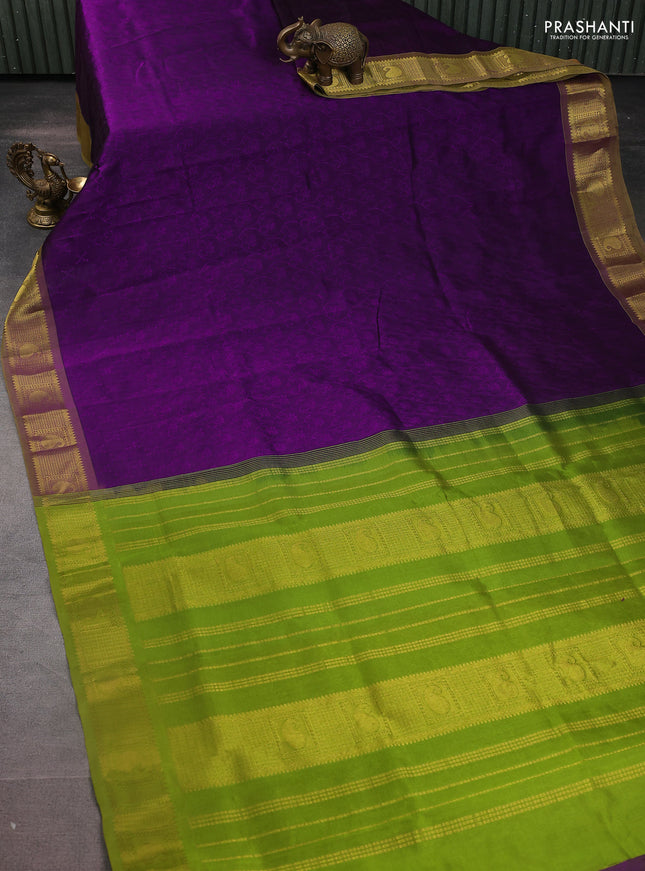 Silk cotton saree violet and lime green with allover self emboss jacquard and zari woven border