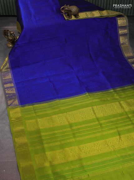 Silk cotton saree blue and light green with allover self emboss jacquard and zari woven border