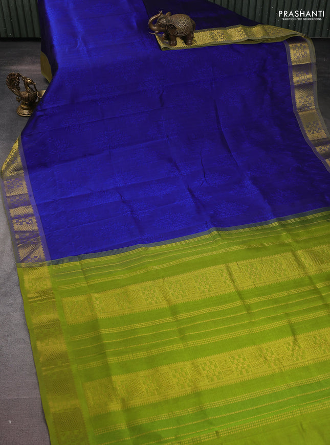 Silk cotton saree blue and light green with allover self emboss jacquard and zari woven border