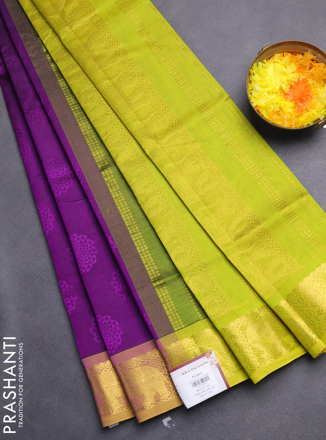 Silk cotton saree violet and fluorescent green with allover self emboss jacquard and zari woven border