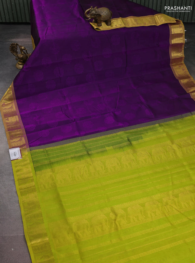 Silk cotton saree violet and fluorescent green with allover self emboss jacquard and zari woven border