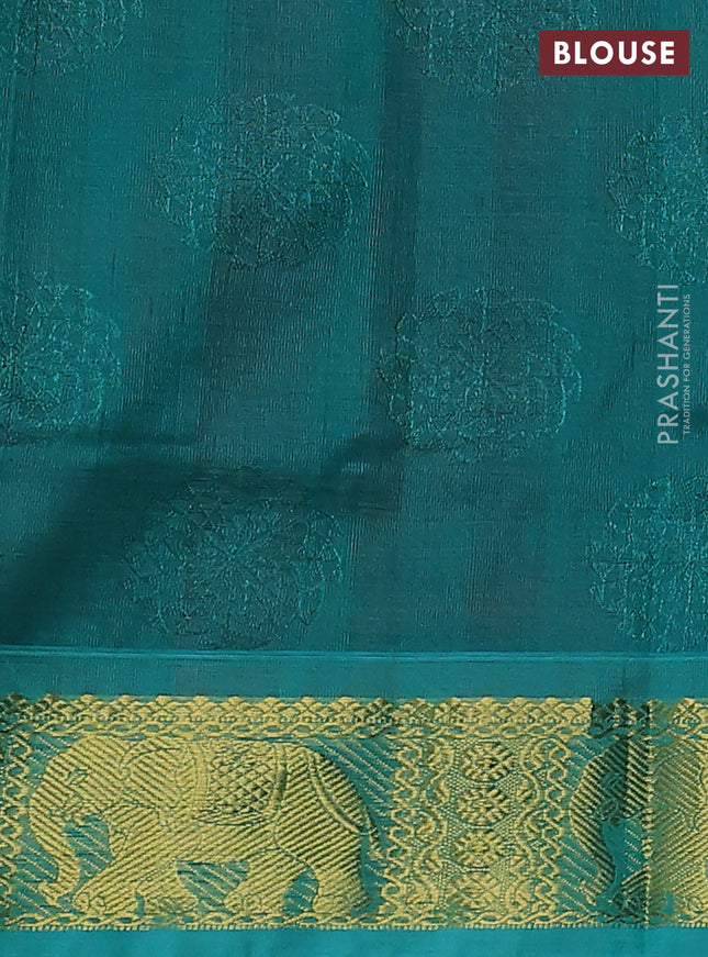 Silk cotton saree maroon and teal green with allover self emboss jacquard and zari woven border