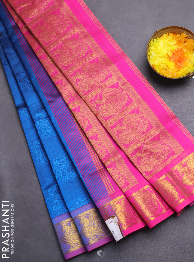 Silk cotton saree cs blue and pink with allover self emboss jacquard and zari woven border