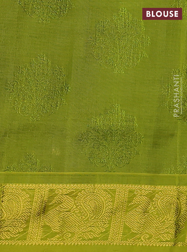 Silk cotton saree blue and fluorescent green with allover self emboss jacquard and zari woven border