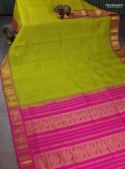 Silk cotton saree lime green and pink with allover self emboss jacquard and zari woven border