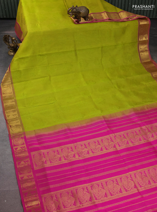 Silk cotton saree lime green and pink with allover self emboss jacquard and zari woven border