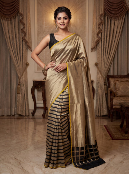 Banarasi tissue partly saree gold and black with plain body and piping border