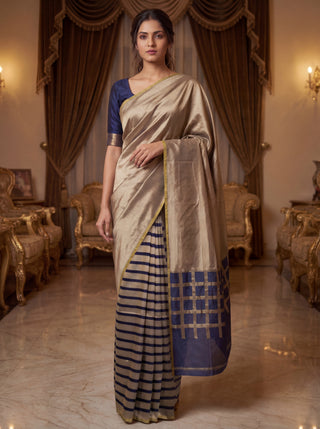 Banarasi tissue partly saree gold and navy blue with plain body and piping border