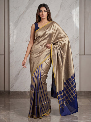 Banarasi tissue partly saree gold and navy blue with plain body and piping border