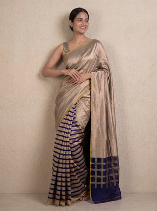 Banarasi tissue partly saree gold and navy blue with plain body and piping border