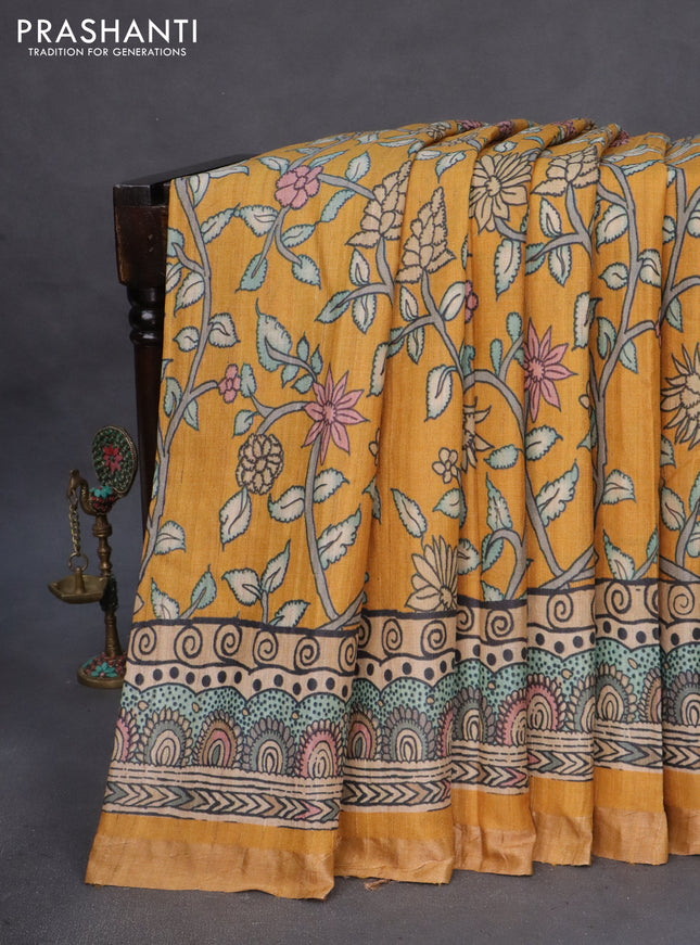 Banarasi tussar silk saree mustard yellow with kalamkari digital prints and zari woven border