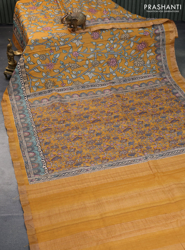 Banarasi tussar silk saree mustard yellow with kalamkari digital prints and zari woven border