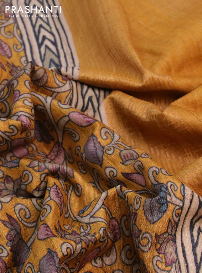 Banarasi tussar silk saree mustard yellow with kalamkari digital prints and zari woven border