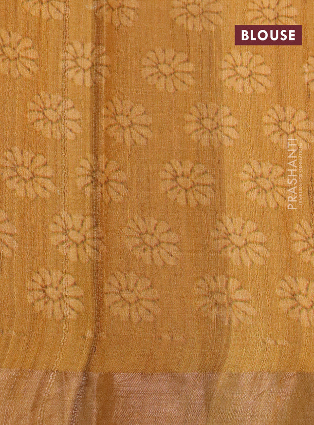 Banarasi tussar silk saree mustard yellow with kalamkari digital prints and zari woven border