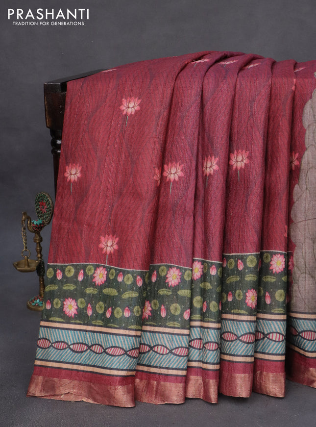 Banarasi tussar silk saree multi colour and maroon with digital prints and zari woven border