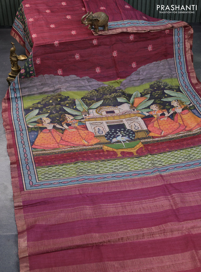 Banarasi tussar silk saree multi colour and maroon with digital prints and zari woven border