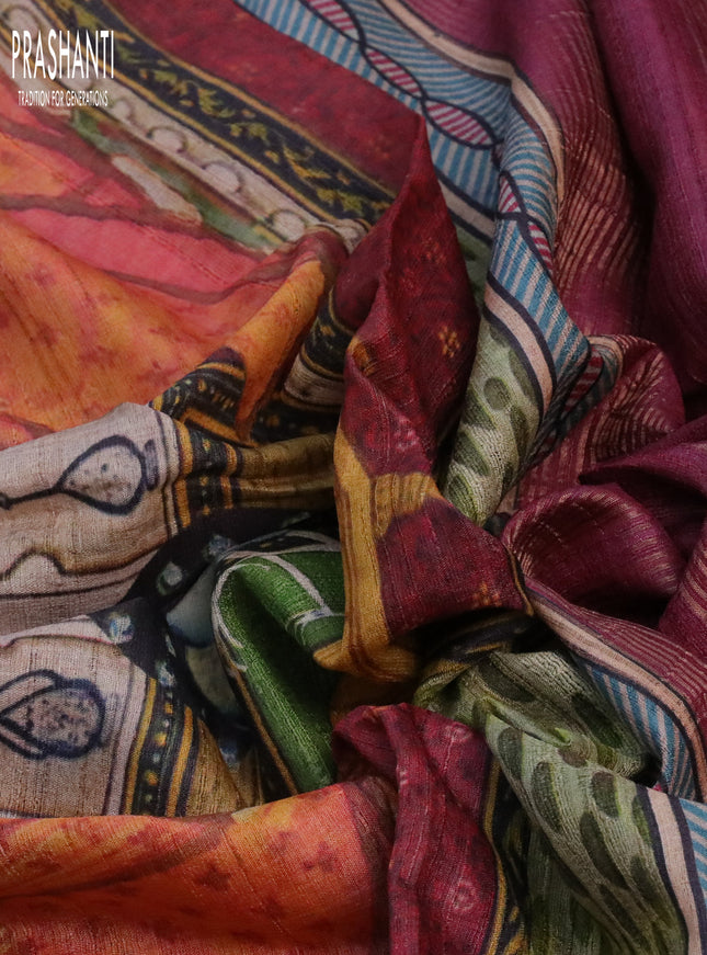 Banarasi tussar silk saree multi colour and maroon with digital prints and zari woven border