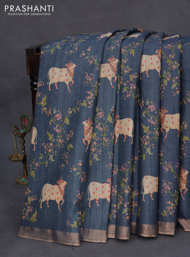 Banarasi tussar silk saree bluish grey with allover pichwai digital prints and zari woven border