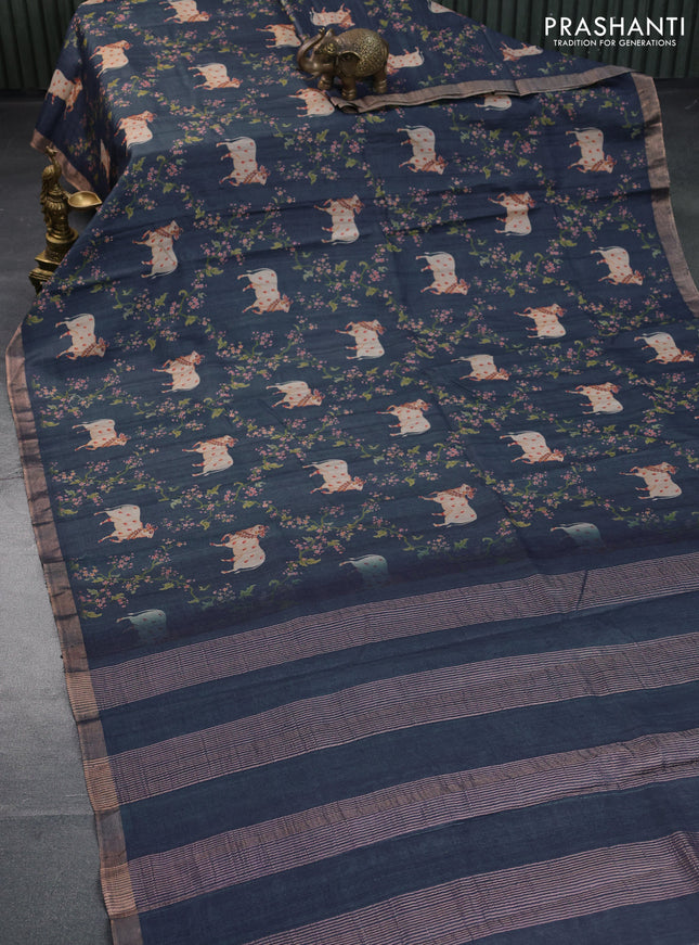 Banarasi tussar silk saree bluish grey with allover pichwai digital prints and zari woven border