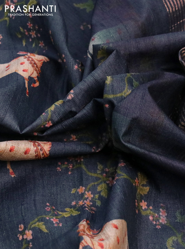 Banarasi tussar silk saree bluish grey with allover pichwai digital prints and zari woven border