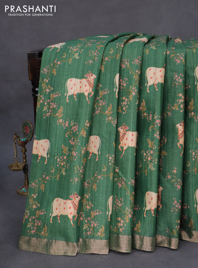 Banarasi tussar silk saree green with allover pichwai digital prints and zari woven border