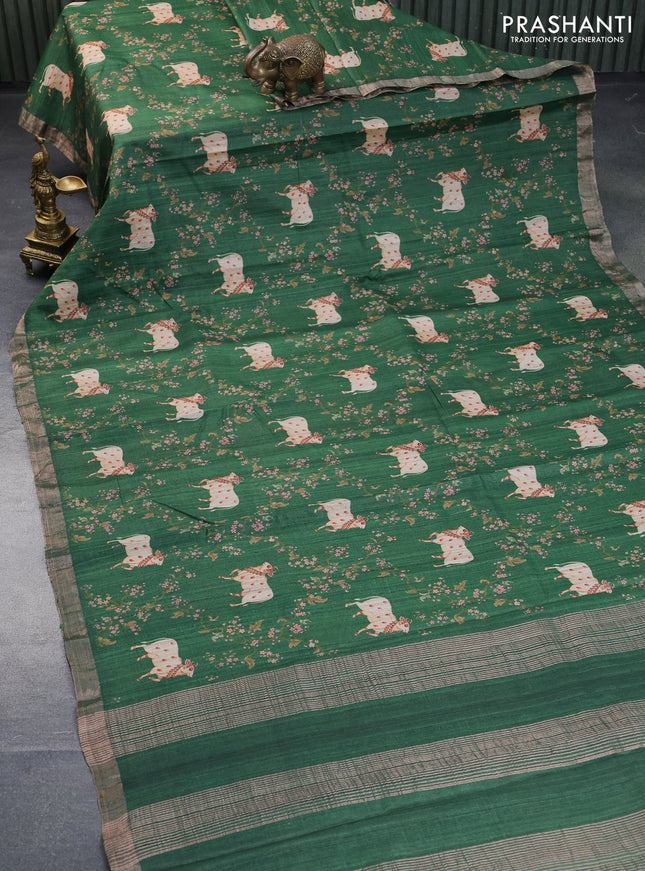 Banarasi tussar silk saree green with allover pichwai digital prints and zari woven border