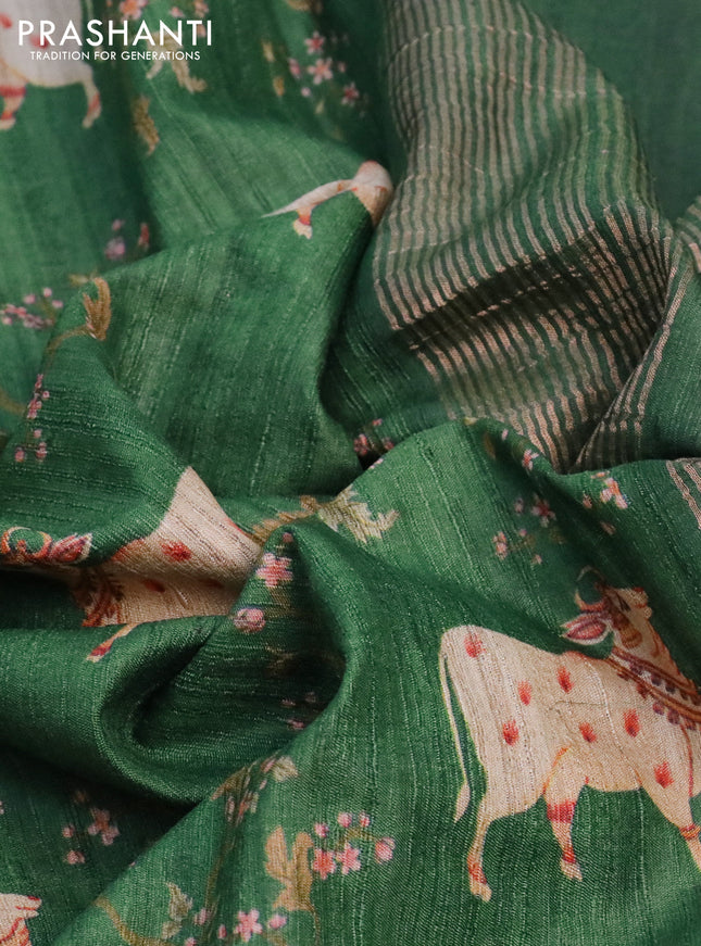 Banarasi tussar silk saree green with allover pichwai digital prints and zari woven border